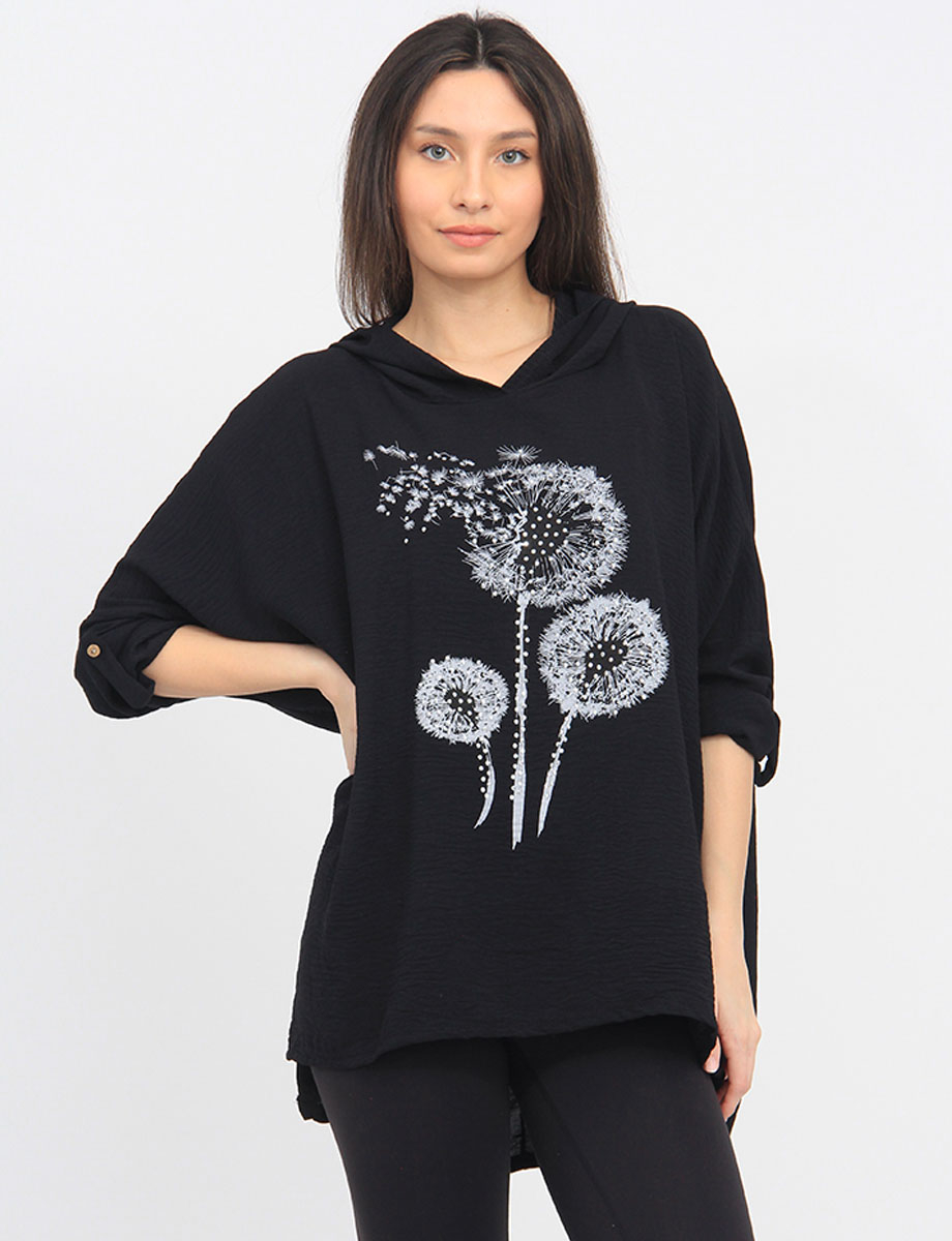 Printed Dandelion Rhinestone Hooded Loose Fit 3/4 Sleeve Top by Froccella