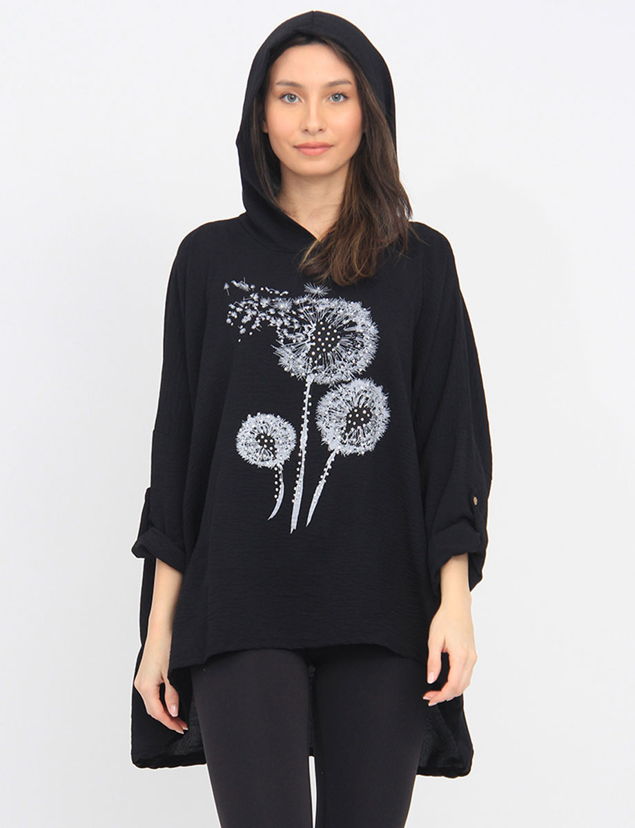 Printed Dandelion Rhinestone Hooded Loose Fit 3/4 Sleeve Top by Froccella