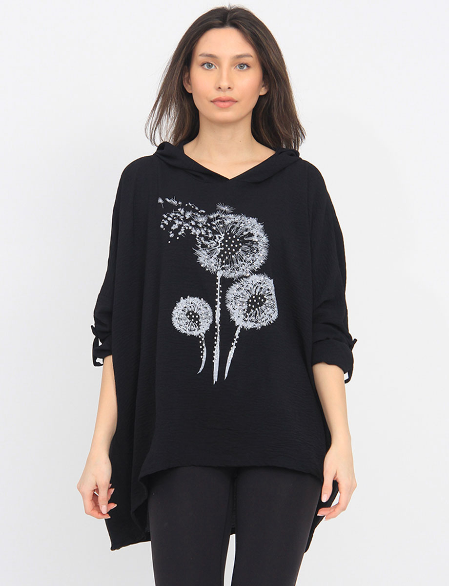 Printed Dandelion Rhinestone Hooded Loose Fit 3/4 Sleeve Top by Froccella