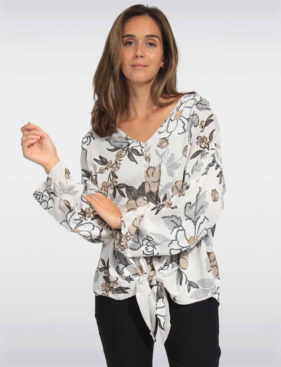 Relaxed Fit Front Tie Printed Blouse with Adjustable Sleeves by Froccella