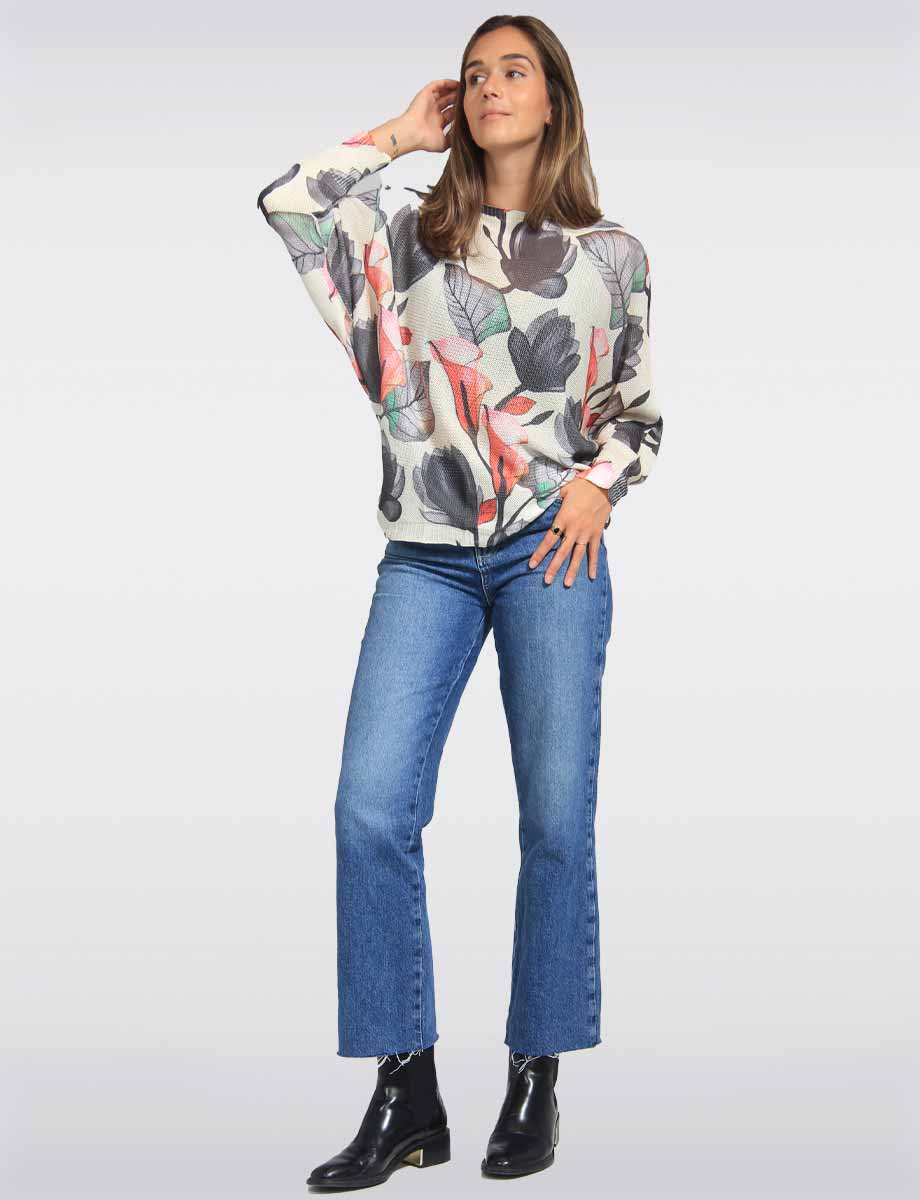 Floral Printed Dolman Sleeves Relaxed Fit Knit Top by Froccella