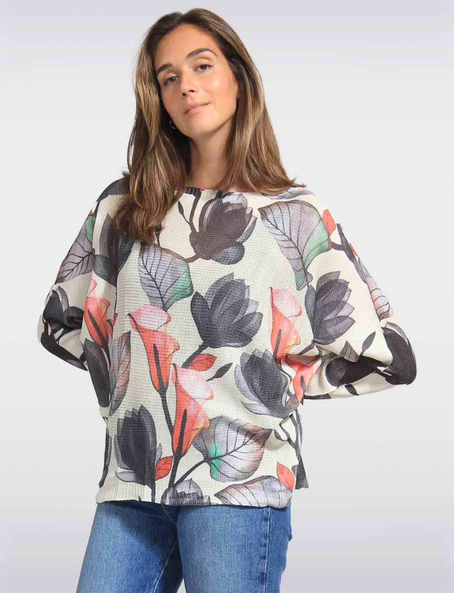 Floral Printed Dolman Sleeves Relaxed Fit Knit Top by Froccella