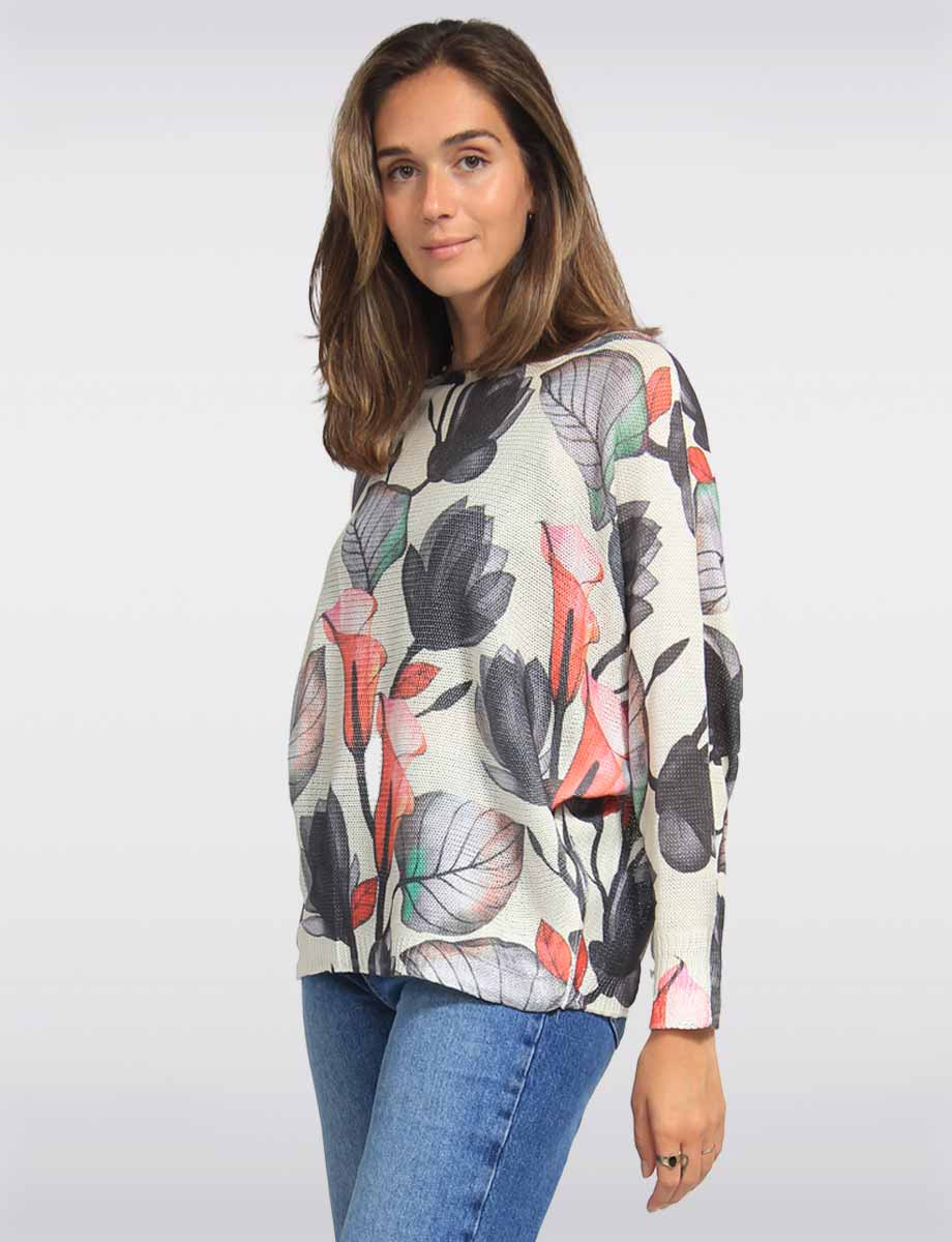 Floral Printed Dolman Sleeves Relaxed Fit Knit Top by Froccella