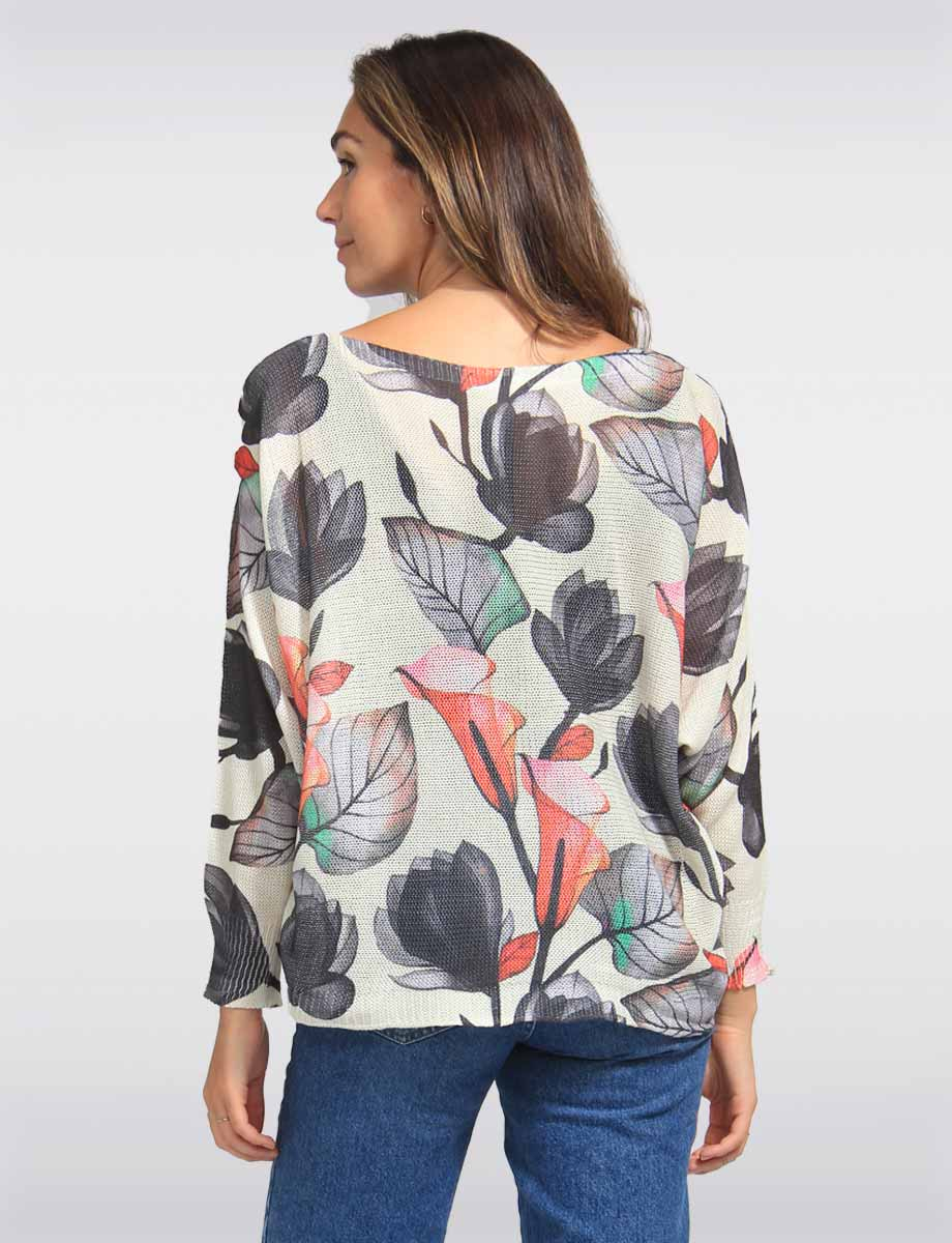 Floral Printed Dolman Sleeves Relaxed Fit Knit Top by Froccella