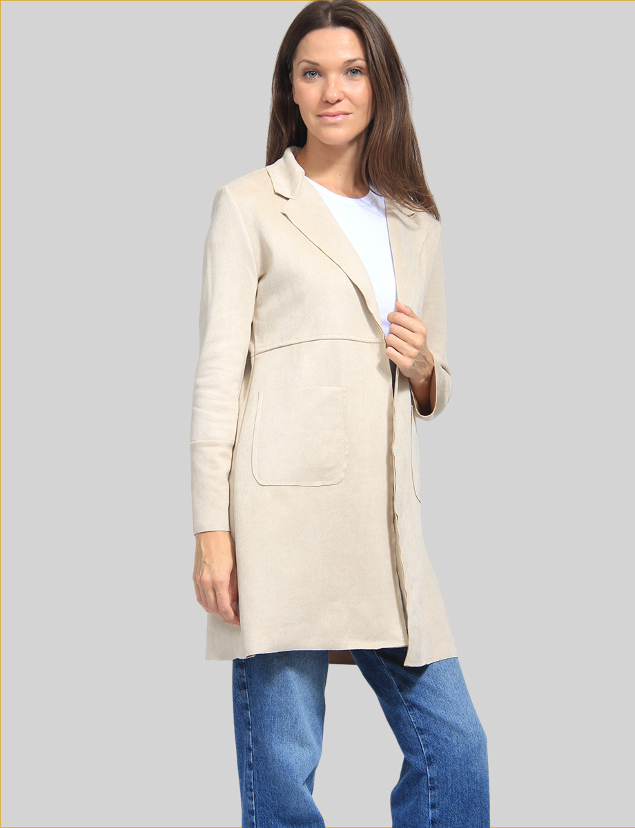 Elegant Faux Suede Notch Collar Mid-Length Straight Fit Jacket by Froccella