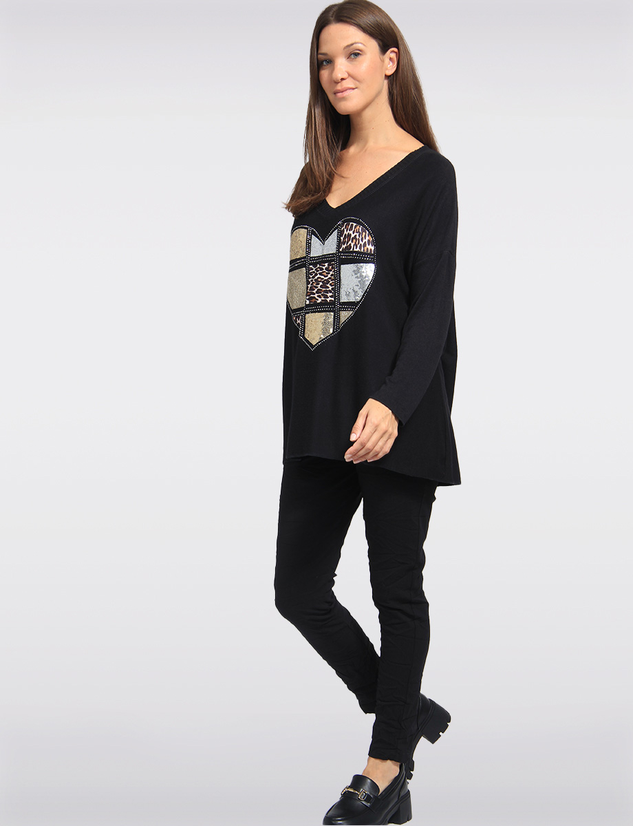 Ultra-Soft Drop Shoulder Long Sleeve Foil Printed V-Neck Knit Top by Froccella