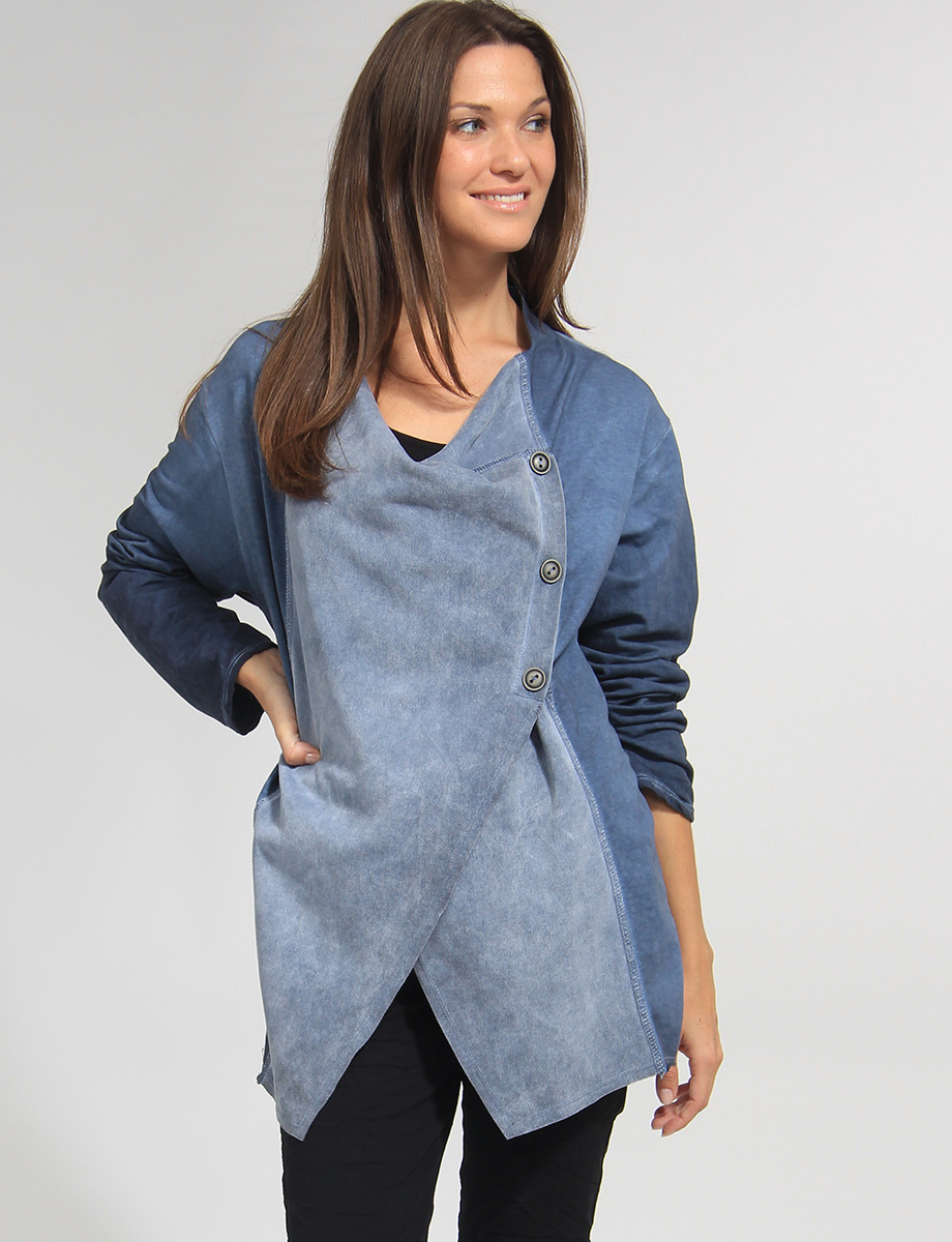 Cotton Stretch asymmetric Buttoned Draped Front Cardigan by Froccella