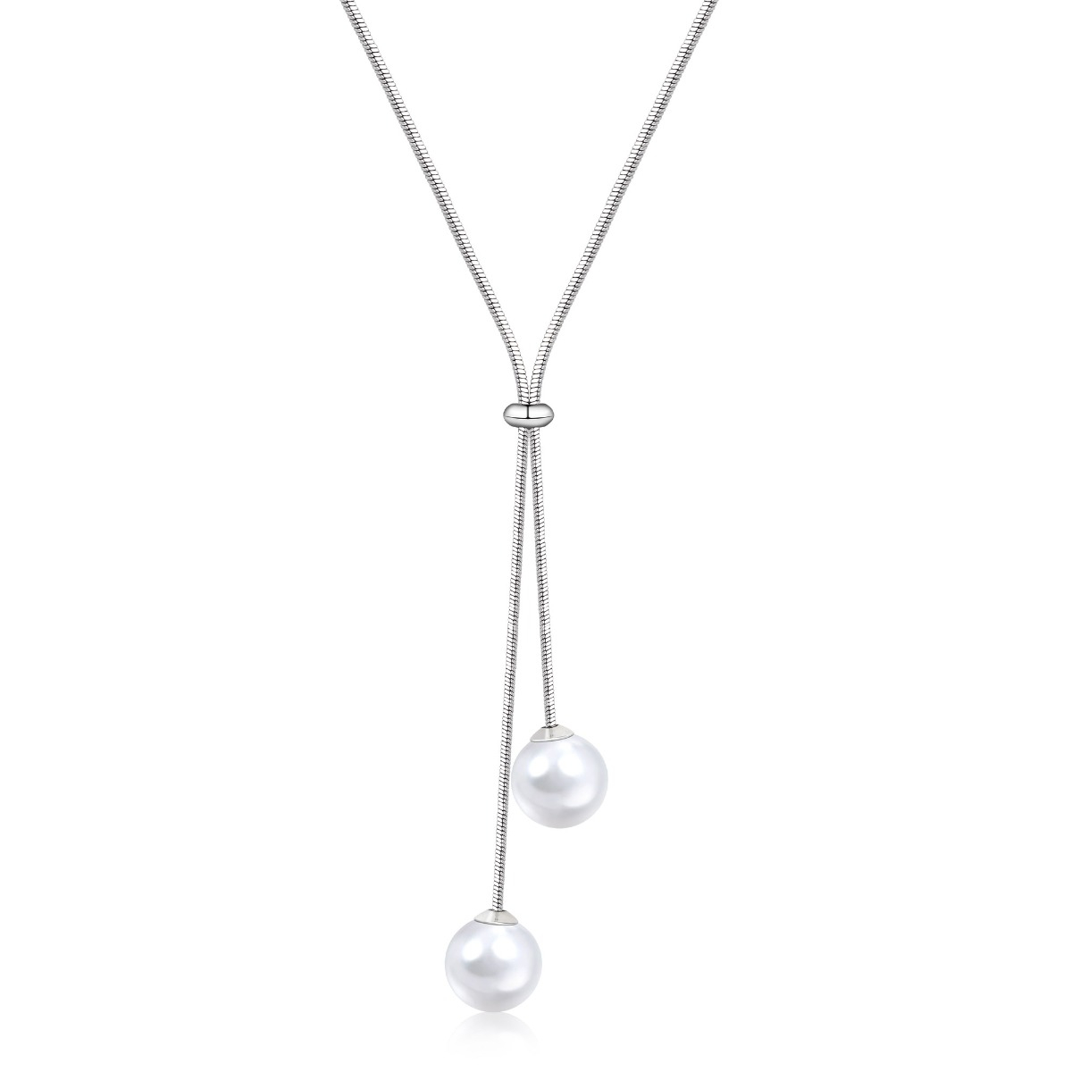 Delicate Lariat Silvertone Necklace with Faux Pearl Drop Pendant