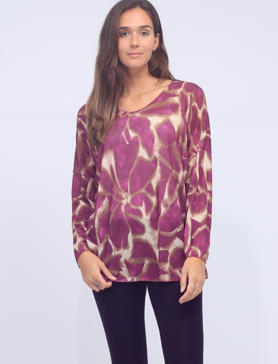 Printed V-Neck Drop Shoulder Long Sleeve Top by Froccella