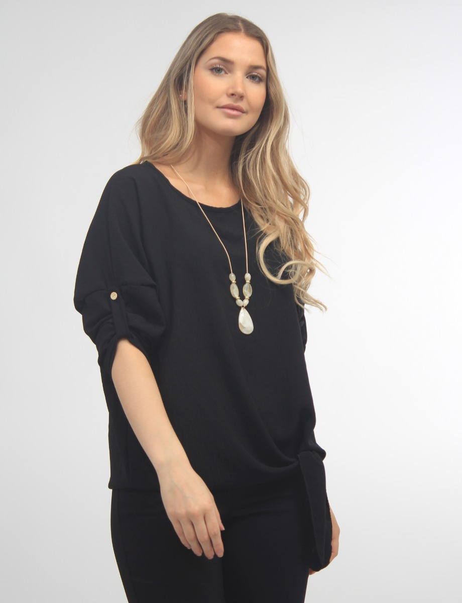 Round Neck Tie-Hem Top with Necklace by Froccella