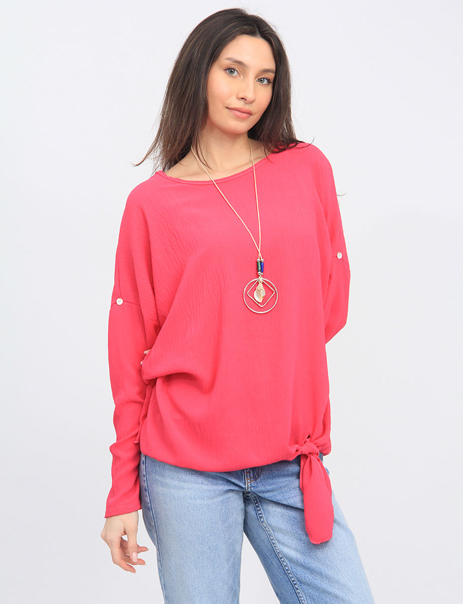 Round Neck Tie-Hem Top with Necklace by Froccella