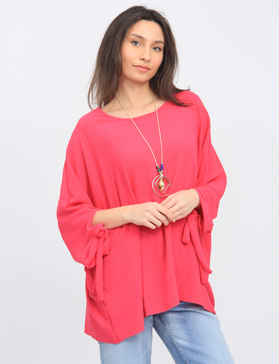 Round Neck Loose Fit Tie Sleeve Top with Elegant Necklace by Froccella