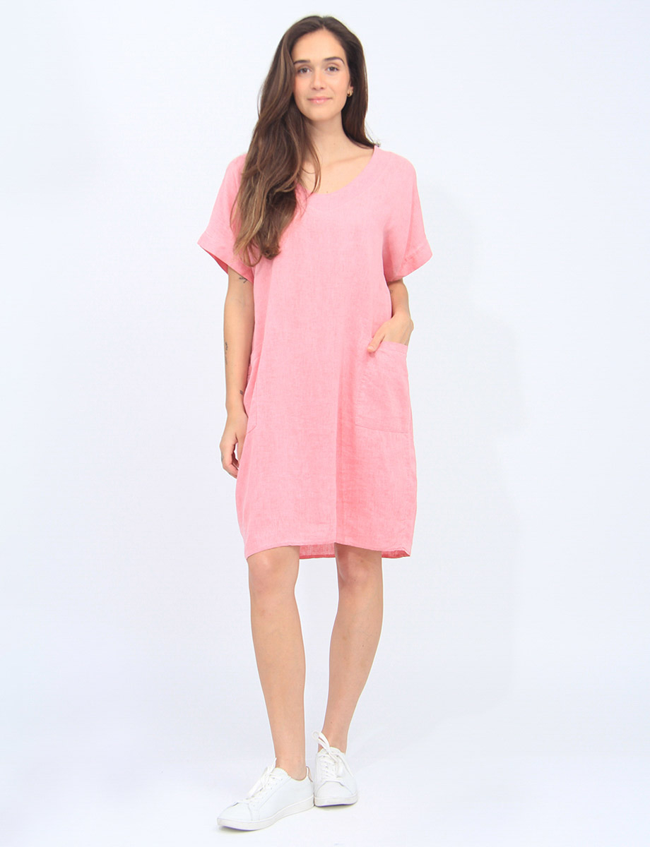 Chic Comfortable Linen-Blend Short Sleeve Dress with Pockets by Froccella
