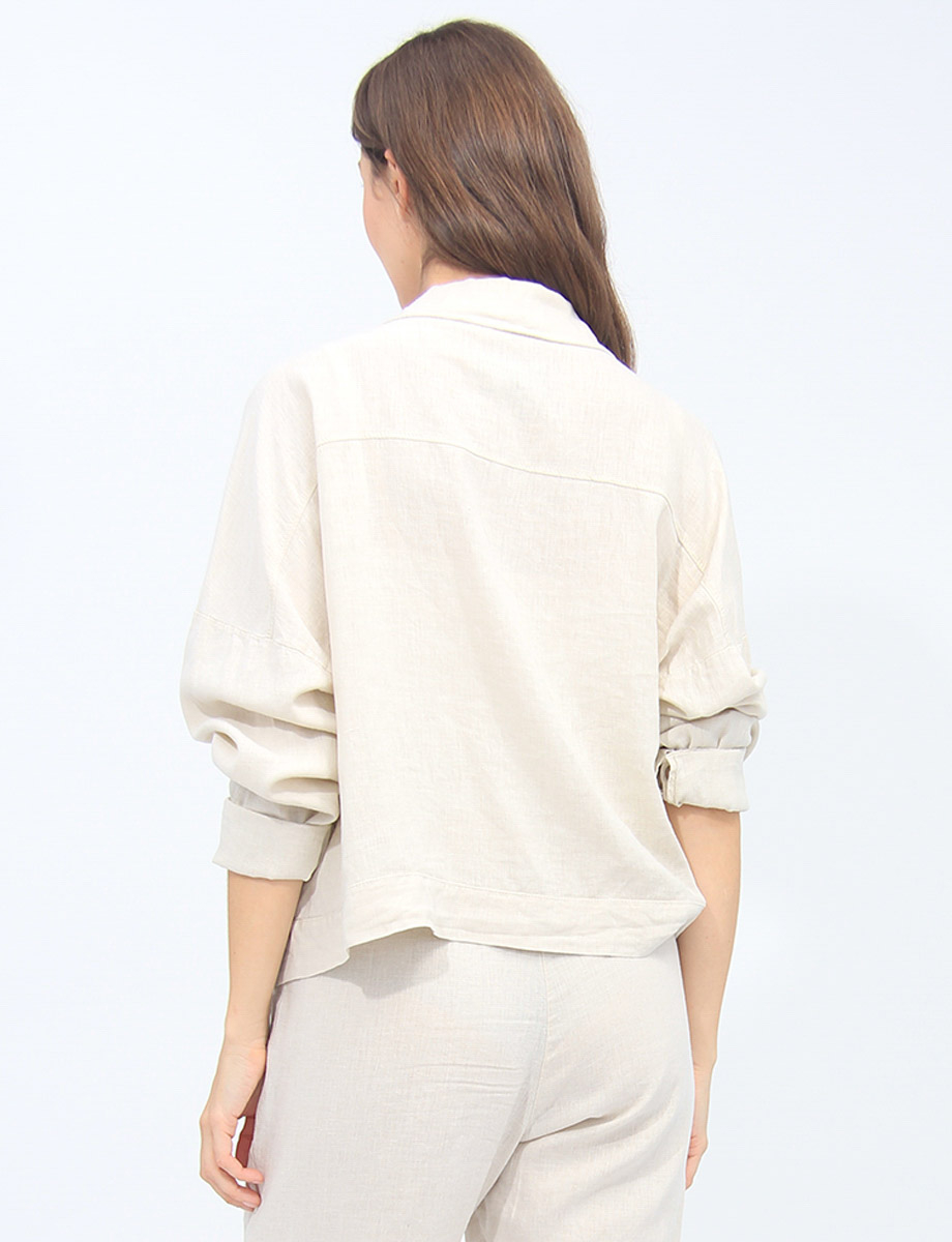Cropped Linen Blend Solid Button-Down Blazer With Flap Pockets By Froccella