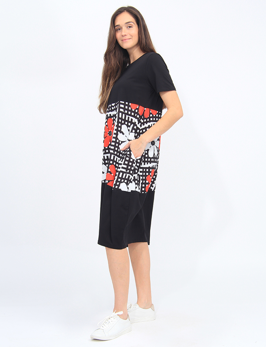 Chic Checkered Floral And Black T-Shirt Balloon Skirt Dress By Froccella