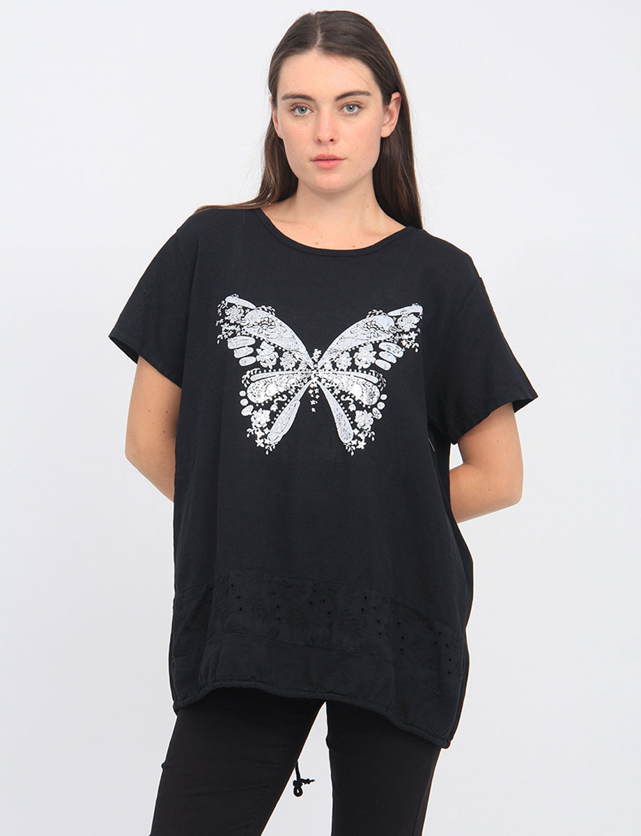 Linen Blend Butterfly Print Short Sleeve Silver and Embroidery Top By Froccella