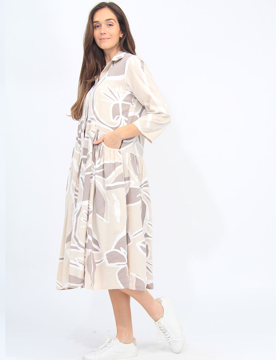 Button-Down Pleated Printed Long Shirt Dress By Froccella