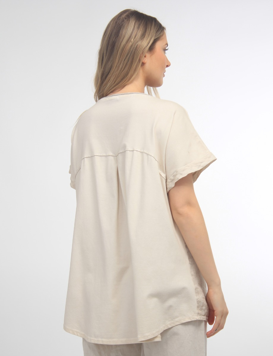 Solid Linen Blend Silver Stitching Short Sleeve Top by Froccella