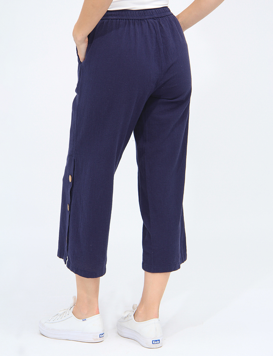 Wide-leg Cotton Elastic Waist Pants With Side Button Detail And Pockets By Erika