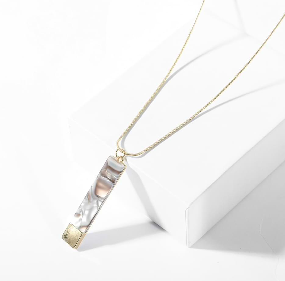 Goldtone Modern Necklace: Geometric Grey-White Marble Pendant