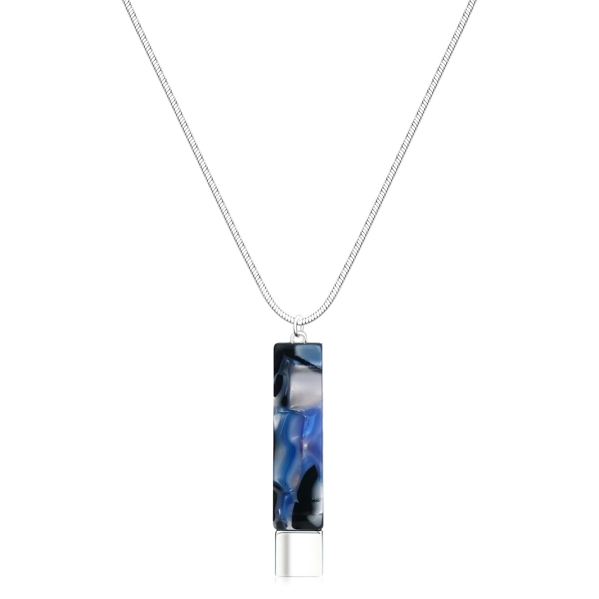 Silver Tone Necklace with Blue Marble Column Pendant | Women's Jewelry