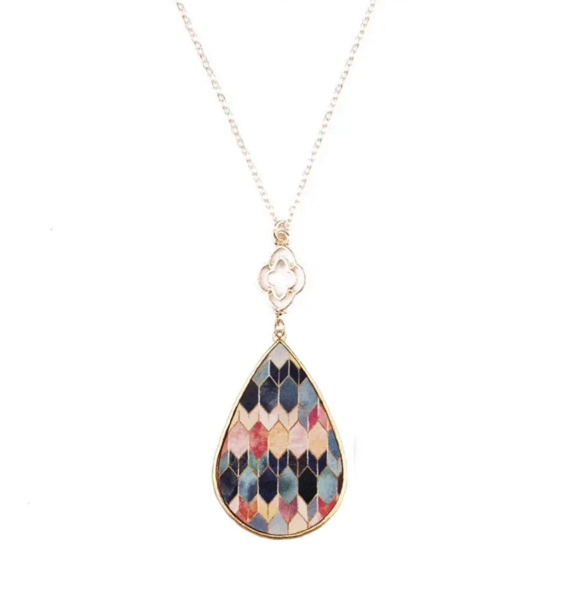 Luxe Layers: Multicolored Hexa Diamond Teardrop Necklace in Rich Goldtone