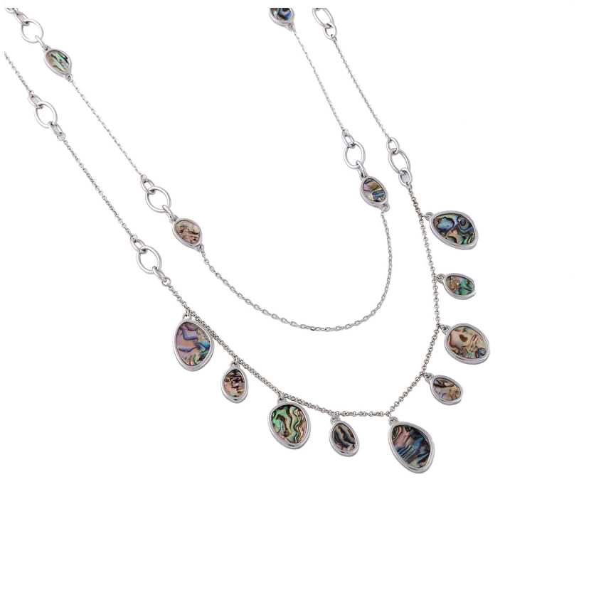 Timeless Elegance: Dual-Layered Rhodium Necklace with Stunning Paua Shell Charms