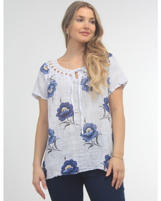 Floral Linen Top With Lace And Tie Collar By Froccella