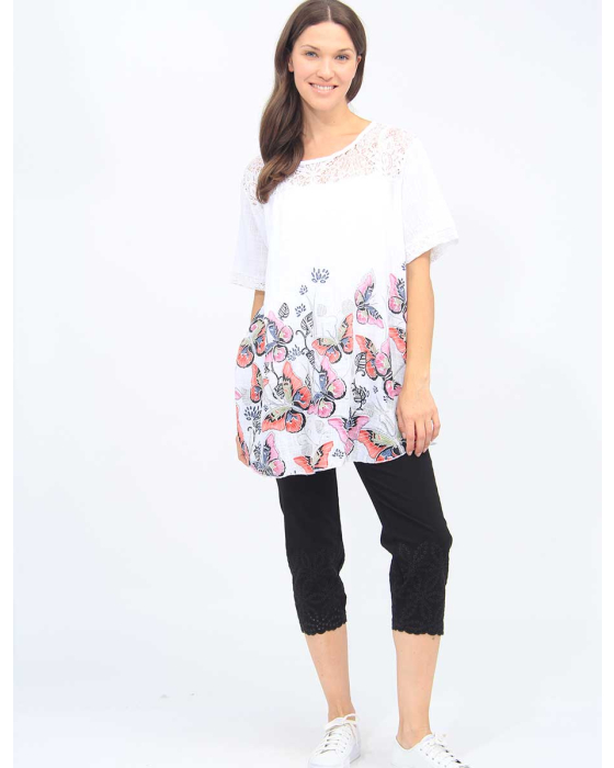 Lace Trim Butterfly Floral Print Cotton Short Sleeve Tunic By Froccella