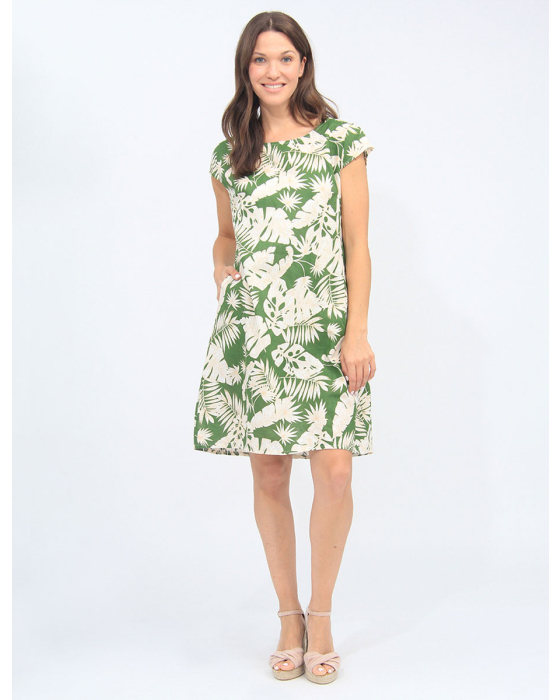 Cap Sleeve Printed Dress With Knit Trim at the Waist And Pockets By Froccella