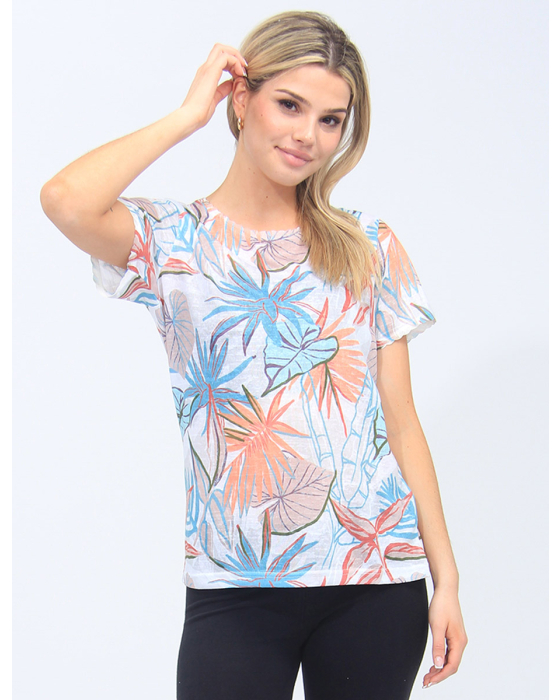 Vibrant Short Sleeves Floral Print Scdallop Trim Top by Moffi