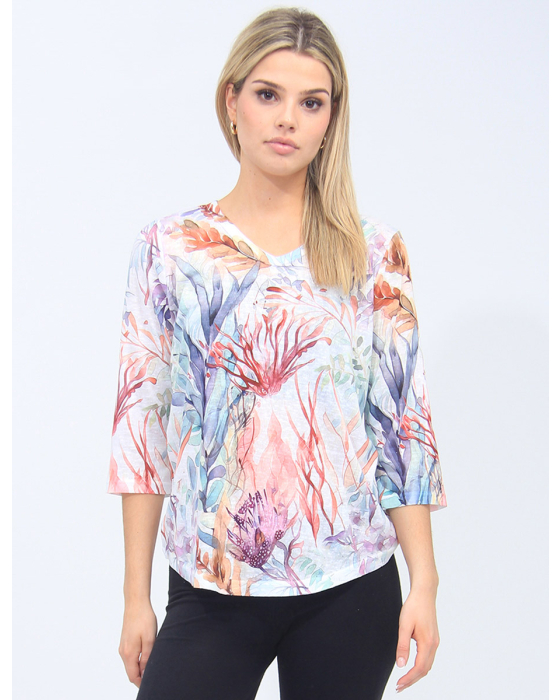 Abstract Leaves Pattern Top With 3/4 Sleeves By Moffi