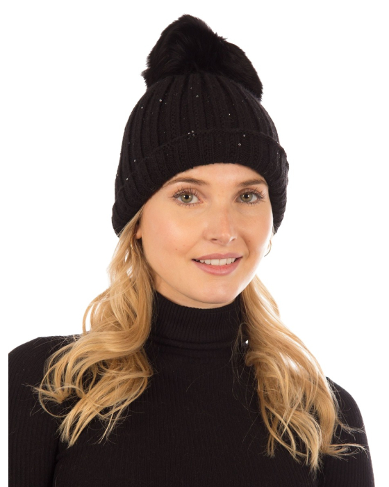 Glamorous Rib Knit Beanie with Detachable Fox Fur Pom Pom By Sokos