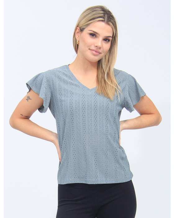 Solid Vegan Eyelet Embroidery Top with Flutter Sleeves by Point Zero