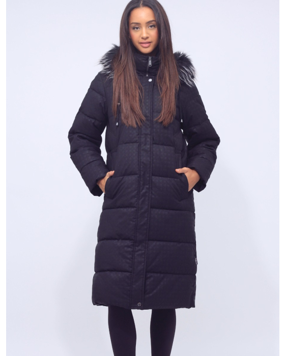 Detachable Faux Fur Hooded Houndstooth Pattern Long Puffer Coat by Frandsen