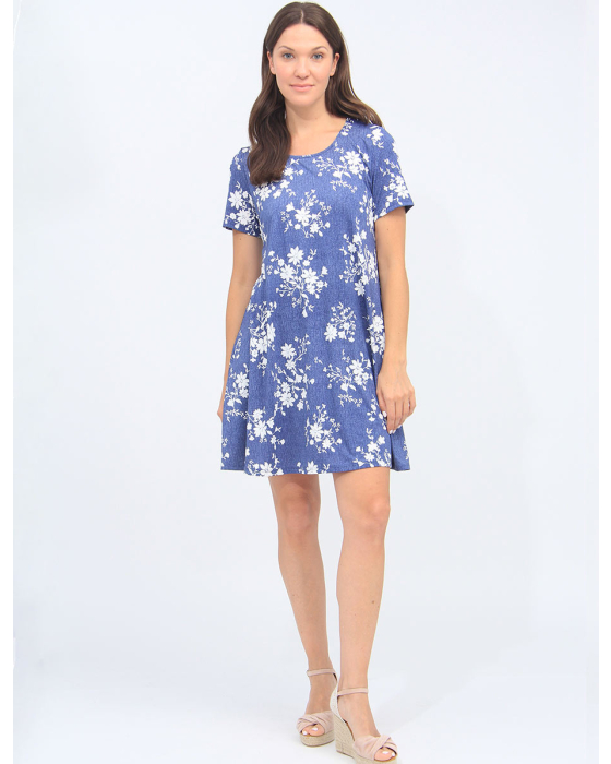 Round Neck A-Line Short Sleeve Stretchy Floral Dress By Amani Couture