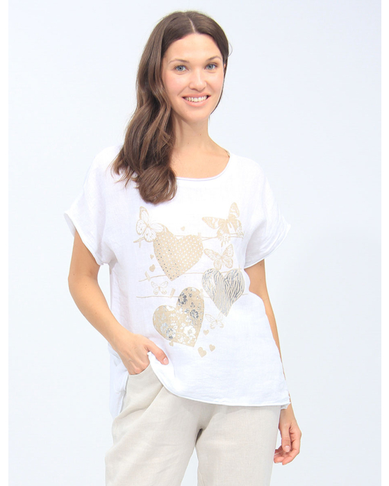 Linen Blend Metallic Heart and Butterfly Print Short Sleeve Top by Froccella