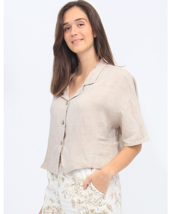 Linen Short Sleeve Cropped Button Down Shirt By Froccella
