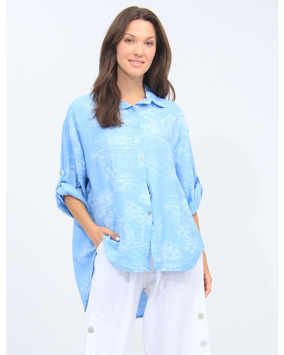 Button-Down Printed 3/4 Sleeves Collared Shirt By Froccella