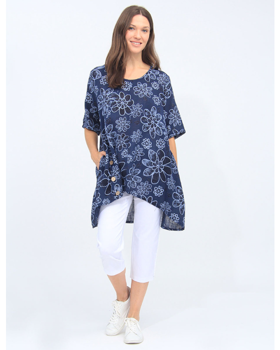 Linen Blend Floral Print Tunic With Front Button Detail And Pockets By Froccella
