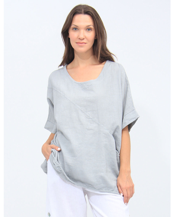 Linen Solid Drawstring Hem Pocket Front Top By Froccella