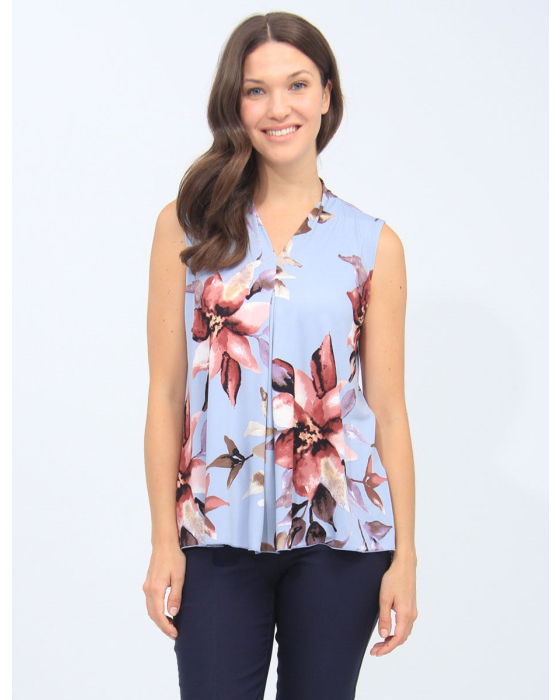 Blue Floral Sleeveless Pleat Front And Side Slits Top By Vamp