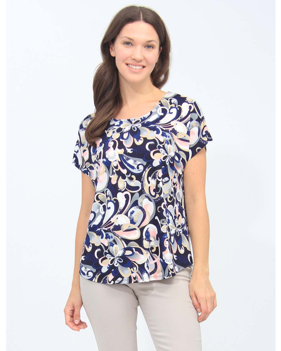Round Neck Cap Sleeves Navy And Pink Printed Tunic By Vamp