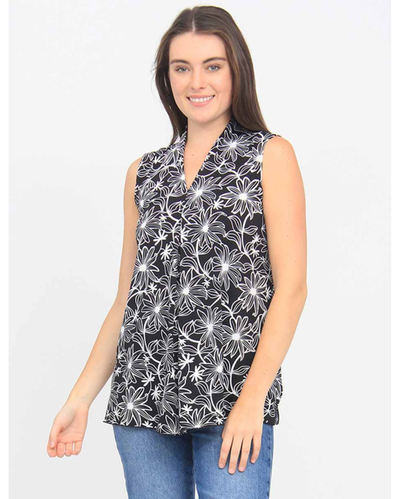 Floral V-neck Sleeveless Pleat Front Blouse by Vamp