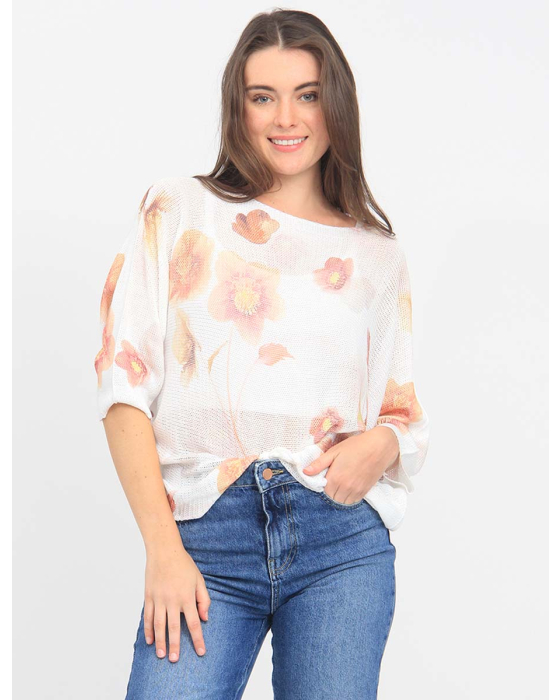 Floral Knit Boatneck Three-Quarter Dolman Sleeves Top by Froccella