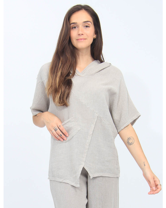 Hooded Cotton-Linen Front Pocket Asymmetrical Top By Froccella