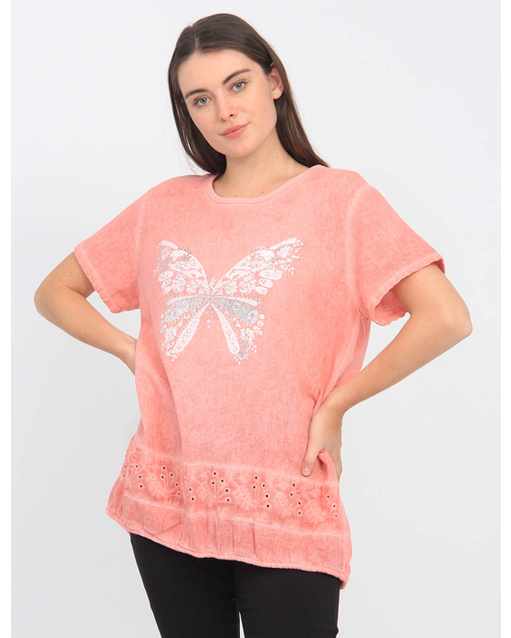 Linen Blend Butterfly Print Short Sleeve Silver and Embroidery Top By Froccella