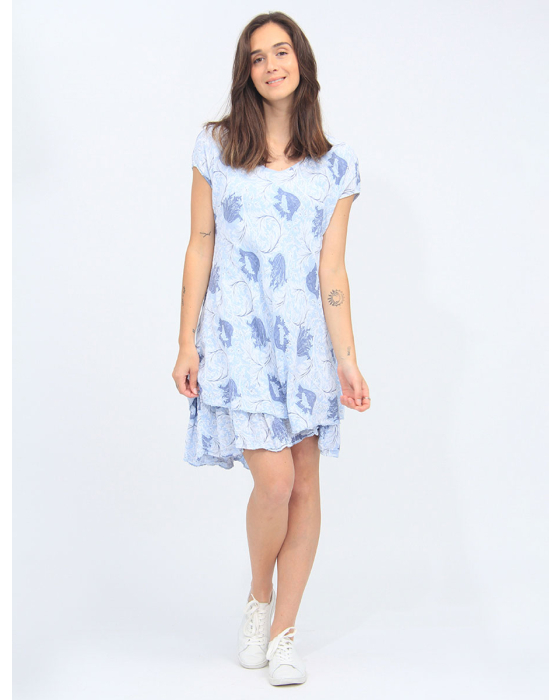 Short Sleeve Floral Crinkled Cotton Two-Tier Dress By Froccella