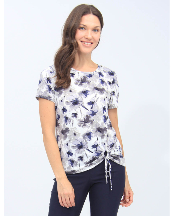 Grey and Blue Floral Ruched Tie Front Round Neck Short Sleeve Top By Mandy Evans