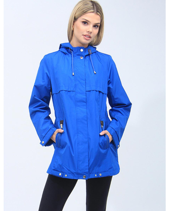 Vegan Elastic Cinched Waist Rain Tech Hooded Jacket by Details